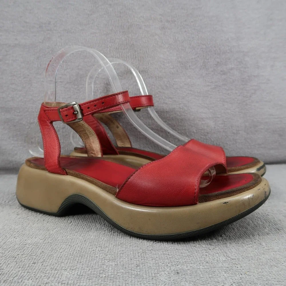 Dansko Sandals Womens 38 Red Brown Leather Platform Ankle Buckle Strap Open Toe
